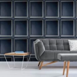 Gilded Panel Navy & Silver Wallpaper